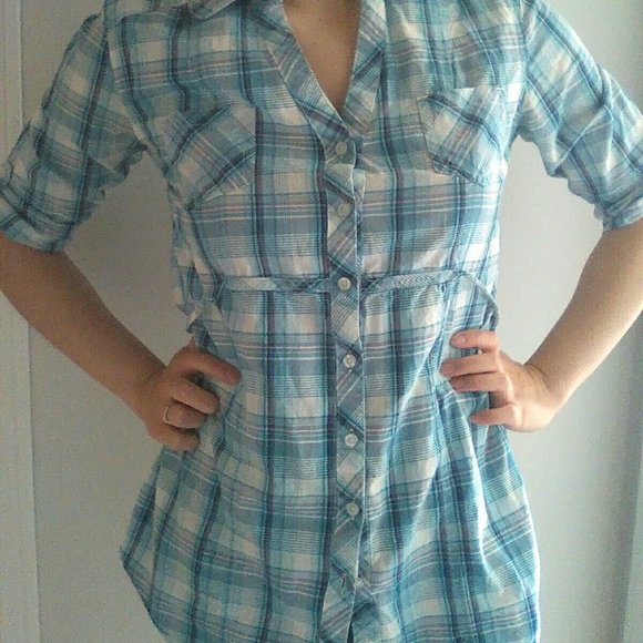 Ardene Blue Plaid Collared Top - Picture 2 of 6